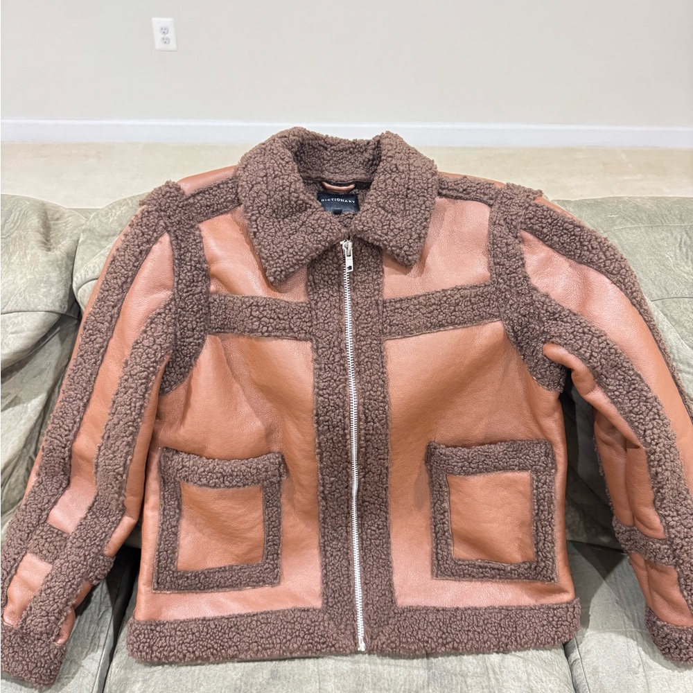 Shearling-Trim Brown Varsity Jacket - image 1